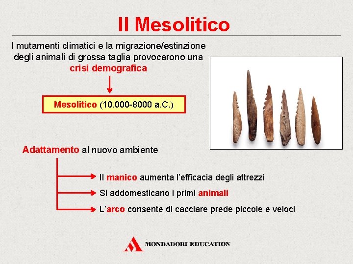 Il Mesolitico I mutamenti climatici e la migrazione/estinzione degli animali di grossa taglia provocarono