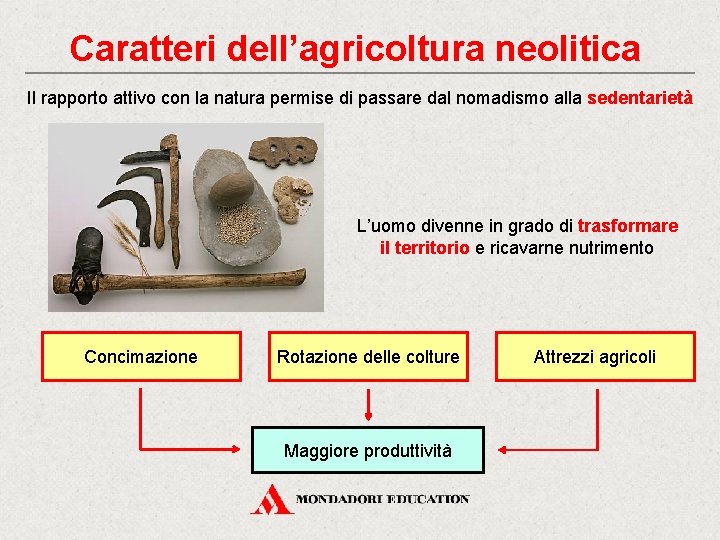 Caratteri dell’agricoltura neolitica Il rapporto attivo con la natura permise di passare dal nomadismo