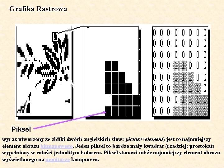 Grafika Rastrowa Piksel wyraz utworzony ze zbitki dwóch angielskich słów: picture+element) jest to najmniejszy