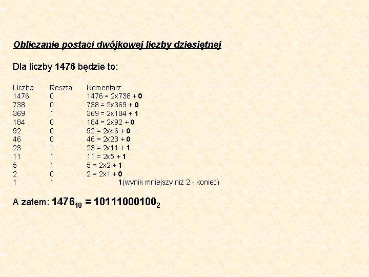 Obliczanie postaci dwójkowej liczby dziesiętnej Dla liczby 1476 będzie to: Liczba 1476 738 369