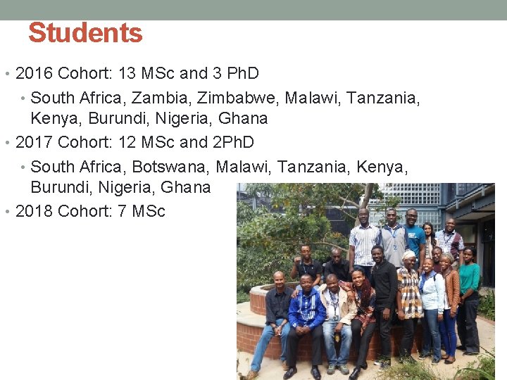 Students • 2016 Cohort: 13 MSc and 3 Ph. D • South Africa, Zambia,