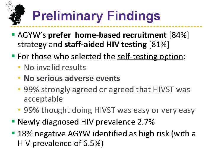  Preliminary Findings § AGYW’s prefer home-based recruitment [84%] strategy and staff-aided HIV testing