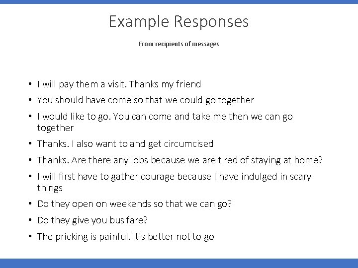 Example Responses From recipients of messages • I will pay them a visit. Thanks