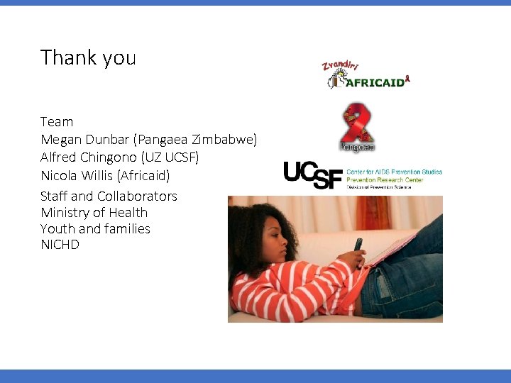 Thank you Team Megan Dunbar (Pangaea Zimbabwe) Alfred Chingono (UZ UCSF) Nicola Willis (Africaid)