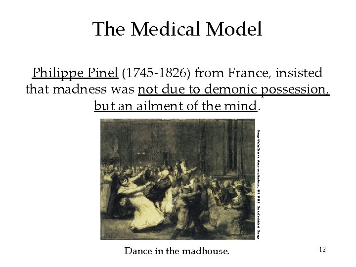 The Medical Model Philippe Pinel (1745 -1826) from France, insisted that madness was not