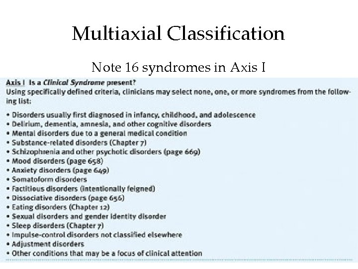 Multiaxial Classification Note 16 syndromes in Axis I 17 
