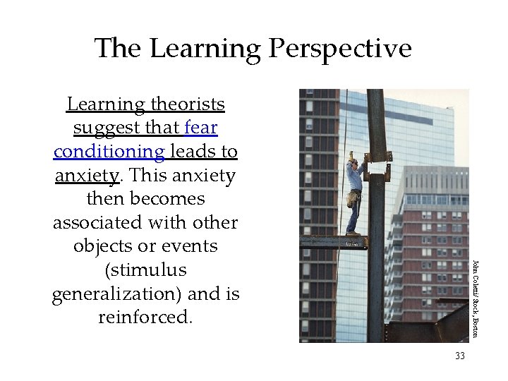 The Learning Perspective John Coletti/ Stock, Boston Learning theorists suggest that fear conditioning leads