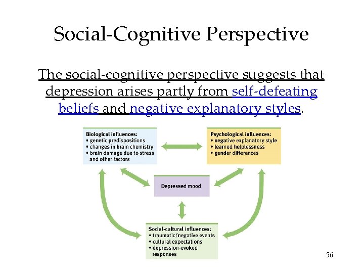 Social-Cognitive Perspective The social-cognitive perspective suggests that depression arises partly from self-defeating beliefs and