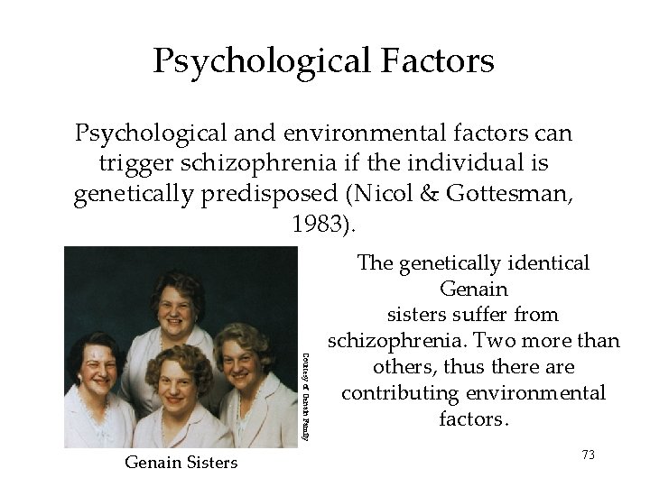 Psychological Factors Psychological and environmental factors can trigger schizophrenia if the individual is genetically