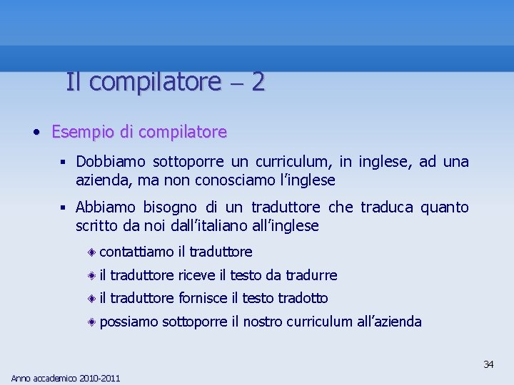 Il compilatore 2 • Esempio di compilatore § Dobbiamo sottoporre un curriculum, in inglese,