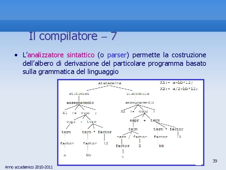 Il compilatore 7 • L’analizzatore sintattico (o parser) parser permette la costruzione dell’albero di