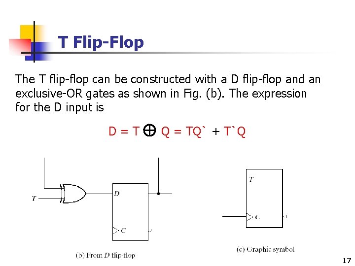 T Flip-Flop The T flip-flop can be constructed with a D flip-flop and an