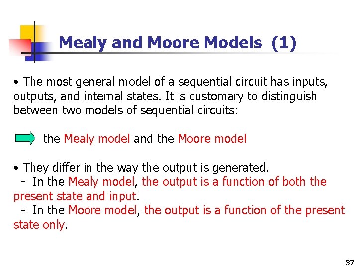 Mealy and Moore Models (1) • The most general model of a sequential circuit