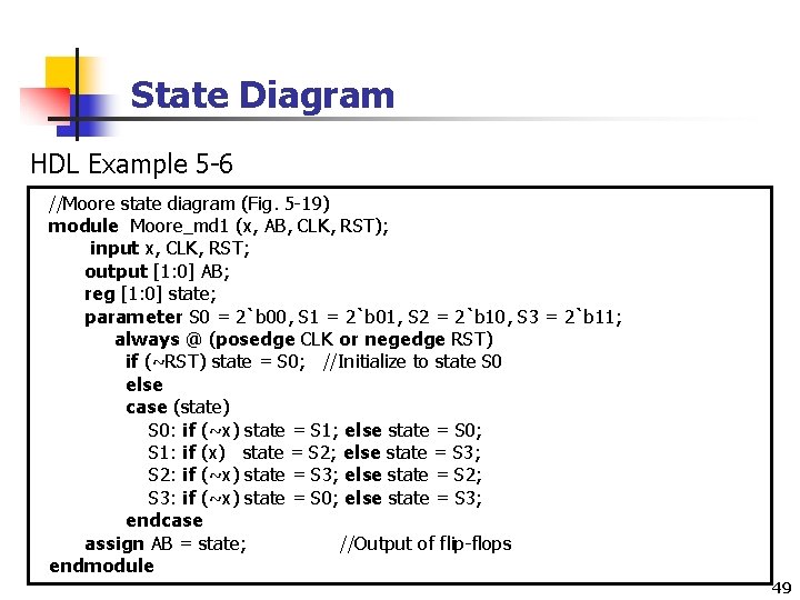 State Diagram HDL Example 5 -6 //Moore state diagram (Fig. 5 -19) module Moore_md