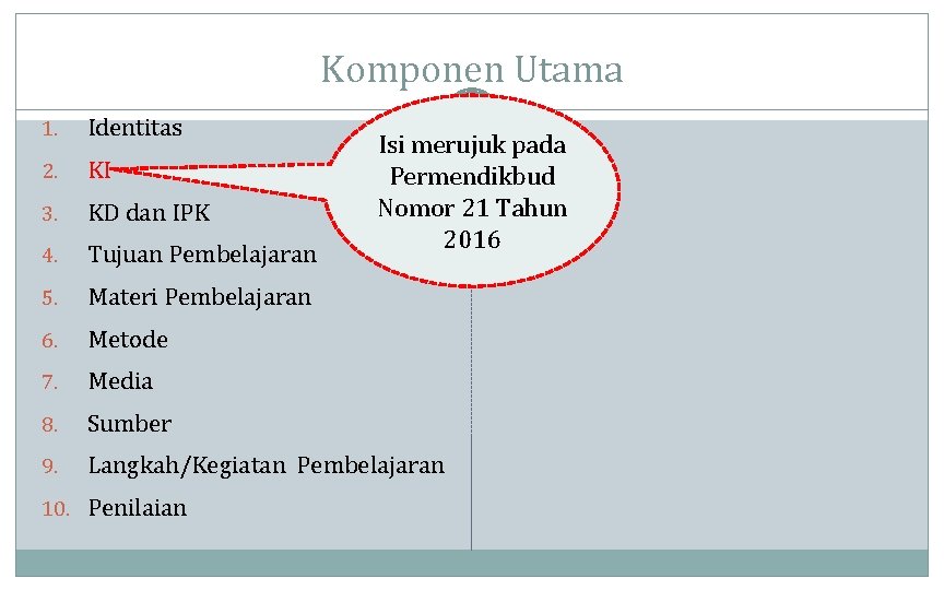 Komponen Utama 1. Identitas 2. KI 3. KD dan IPK 4. Tujuan Pembelajaran 5.