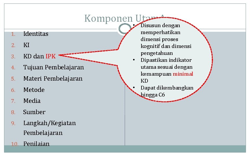 Komponen Utam. A 1. Identitas 2. KI 3. KD dan IPK 4. Tujuan Pembelajaran