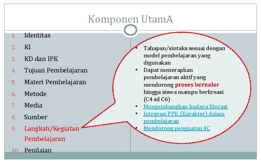 Komponen Utam. A 1. Identitas 2. KI 3. KD dan IPK 4. Tujuan Pembelajaran