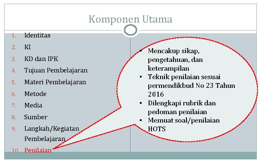 Komponen Utama 1. Identitas 2. KI 3. KD dan IPK 4. Tujuan Pembelajaran 5.