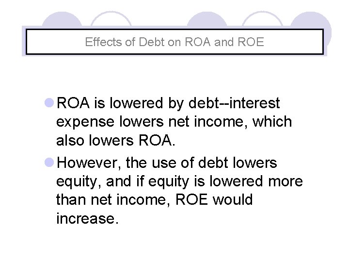 Effects of Debt on ROA and ROE l ROA is lowered by debt--interest expense