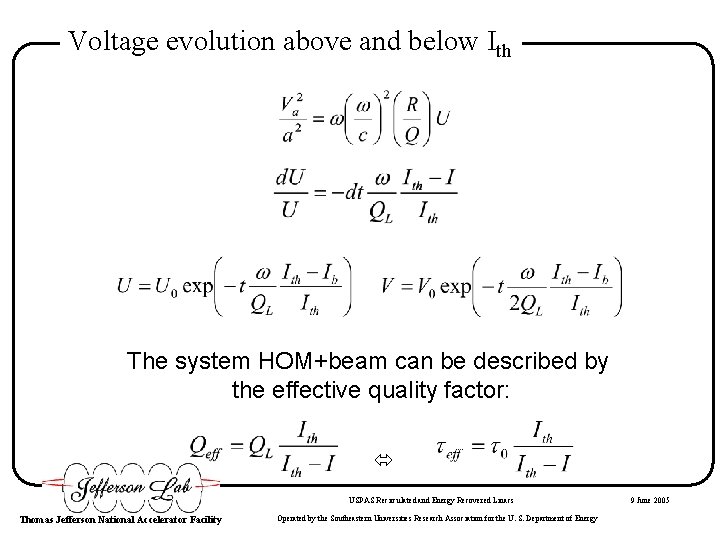 Voltage evolution above and below Ith The system HOM+beam can be described by the