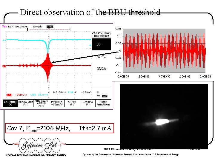 Direct observation of the BBU threshold Cav 7, Fhom=2106 MHz, Ith=2. 7 m. A