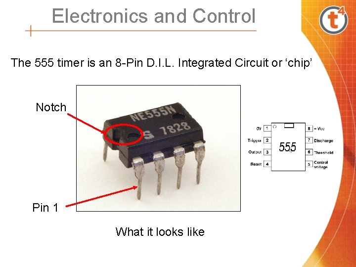 Electronics and Control The 555 timer is an 8 -Pin D. I. L. Integrated