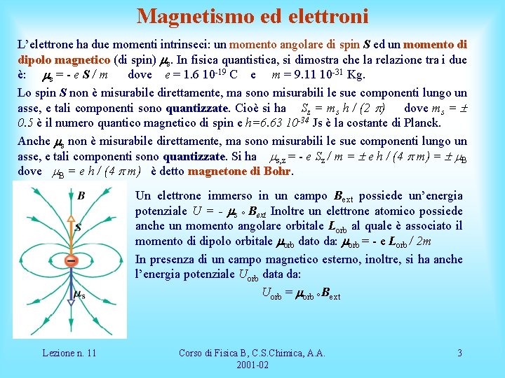 Magnetismo ed elettroni L’elettrone ha due momenti intrinseci: un momento angolare di spin S