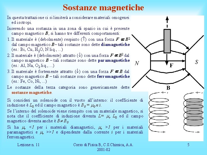 Sostanze magnetiche In questa trattazione ci si limiterà a considerare materiali omogenei ed isotropi.