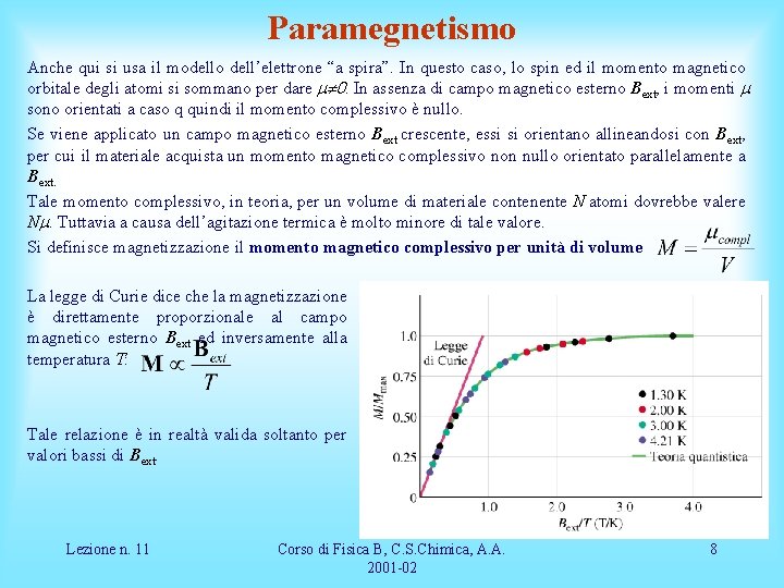 Paramegnetismo Anche qui si usa il modello dell’elettrone “a spira”. In questo caso, lo