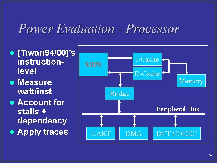 Power Evaluation - Processor [Tiwari 94/00]’s instructionlevel l Measure watt/inst l Account for stalls