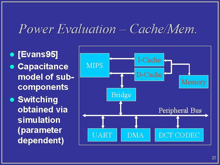 Power Evaluation – Cache/Mem. [Evans 95] l Capacitance model of subcomponents l Switching obtained