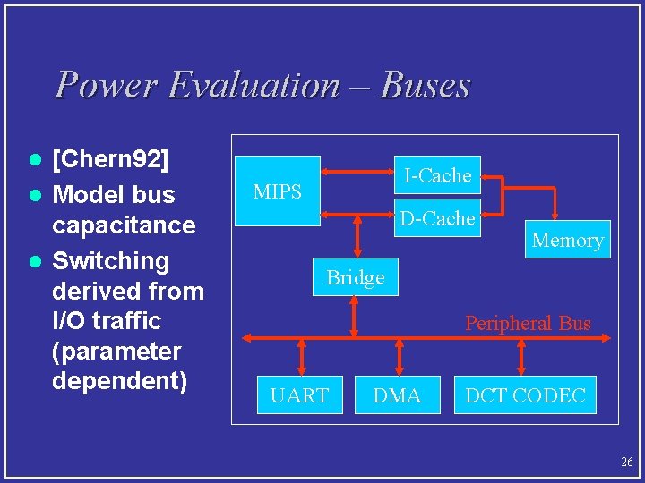 Power Evaluation – Buses [Chern 92] l Model bus capacitance l Switching derived from