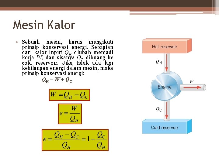 Mesin Kalor • Sebuah mesin, harus mengikuti prinsip konservasi energi. Sebagian dari kalor input