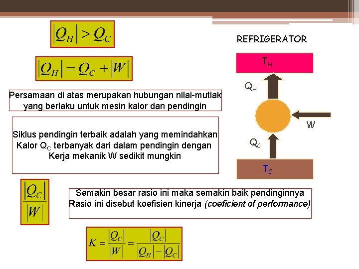 REFRIGERATOR TH Persamaan di atas merupakan hubungan nilai-mutlak yang berlaku untuk mesin kalor dan