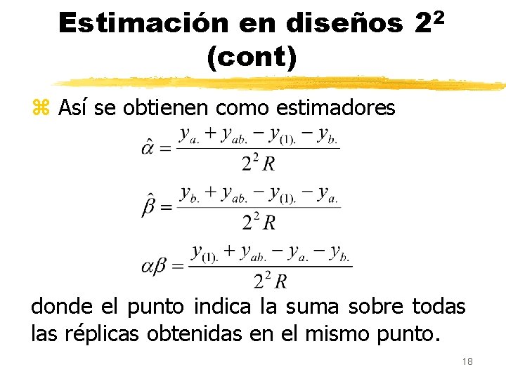 Estimación en diseños 22 (cont) z Así se obtienen como estimadores donde el punto