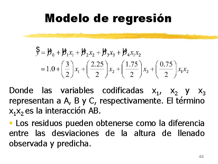 Modelo de regresión Donde las variables codificadas x 1, x 2 y x 3