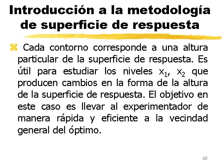 Introducción a la metodología de superficie de respuesta z Cada contorno corresponde a una