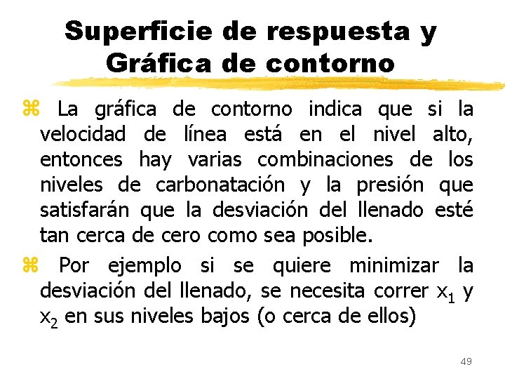 Superficie de respuesta y Gráfica de contorno z La gráfica de contorno indica que