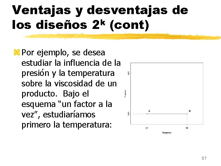 Ventajas y desventajas de los diseños 2 k (cont) z Por ejemplo, se desea