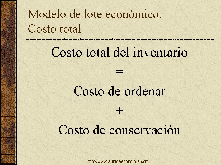 Modelo de lote económico: Costo total del inventario = Costo de ordenar + Costo