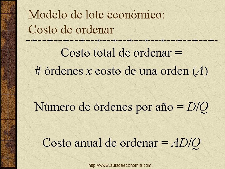 Modelo de lote económico: Costo de ordenar Costo total de ordenar = # órdenes