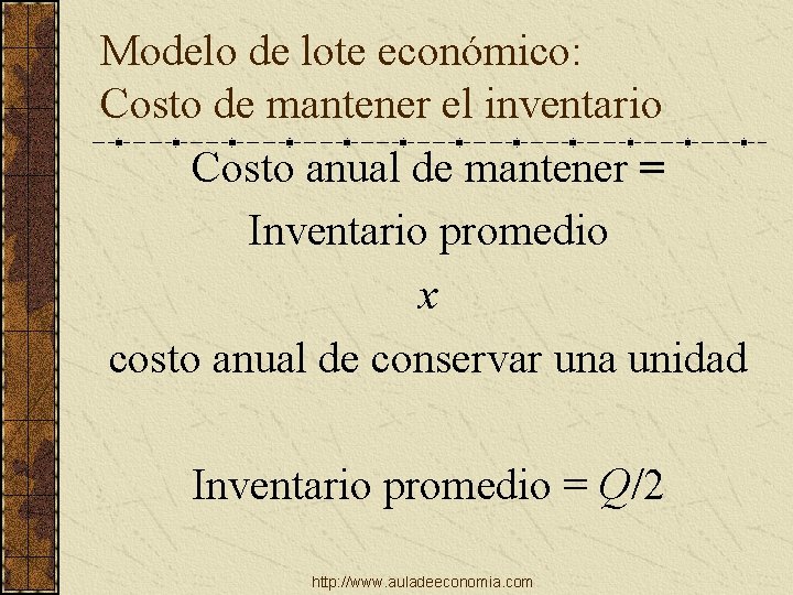 Modelo de lote económico: Costo de mantener el inventario Costo anual de mantener =