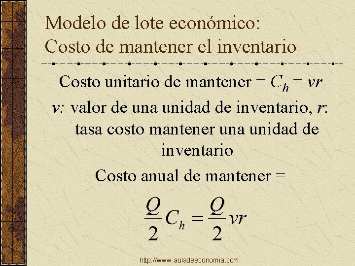 Modelo de lote económico: Costo de mantener el inventario Costo unitario de mantener =