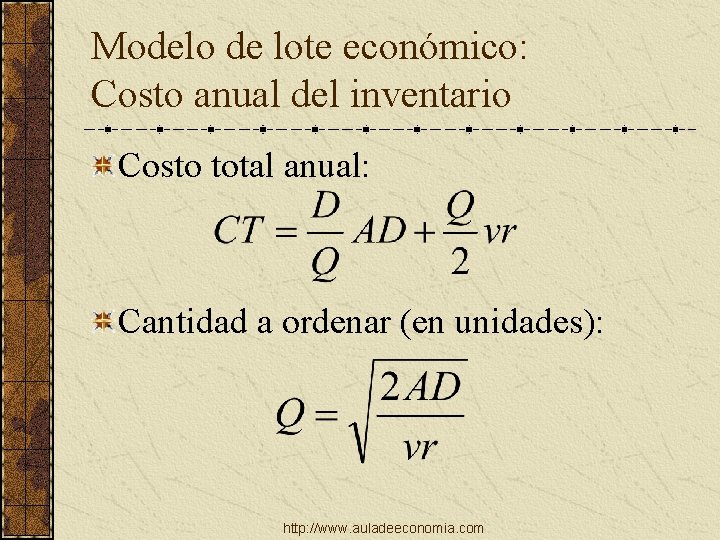 Modelo de lote económico: Costo anual del inventario Costo total anual: Cantidad a ordenar