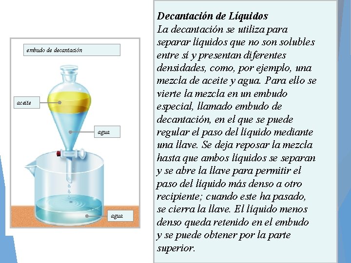 embudo de decantación aceite agua Decantación de Líquidos La decantación se utiliza para separar