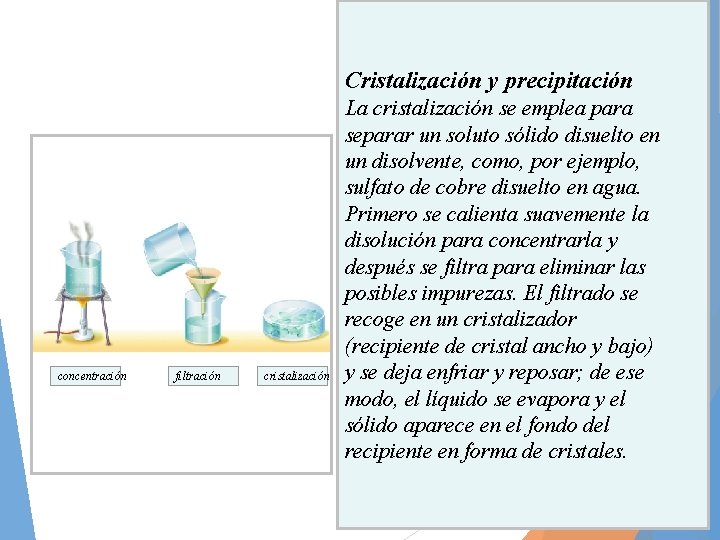 Cristalización y precipitación concentración filtración cristalización La cristalización se emplea para separar un soluto