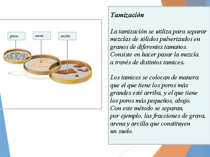 Tamización grava arena arcilla La tamización se utiliza para separar mezclas de sólidos pulverizados