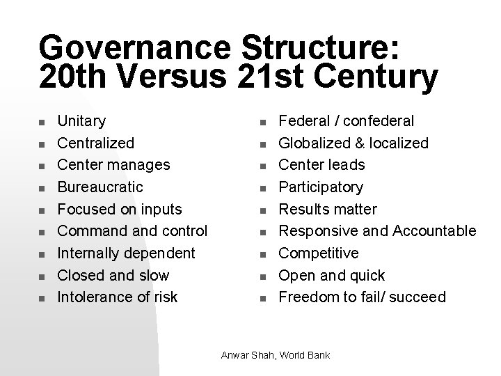 Governance Structure: 20 th Versus 21 st Century n n n n n Unitary