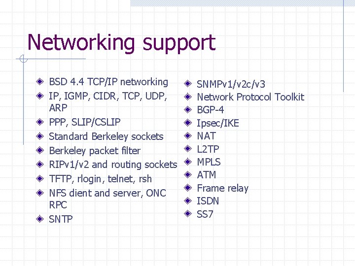 Networking support BSD 4. 4 TCP/IP networking IP, IGMP, CIDR, TCP, UDP, ARP PPP,
