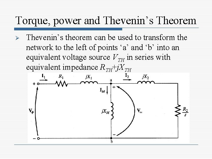 Torque, power and Thevenin’s Theorem Ø Thevenin’s theorem can be used to transform the